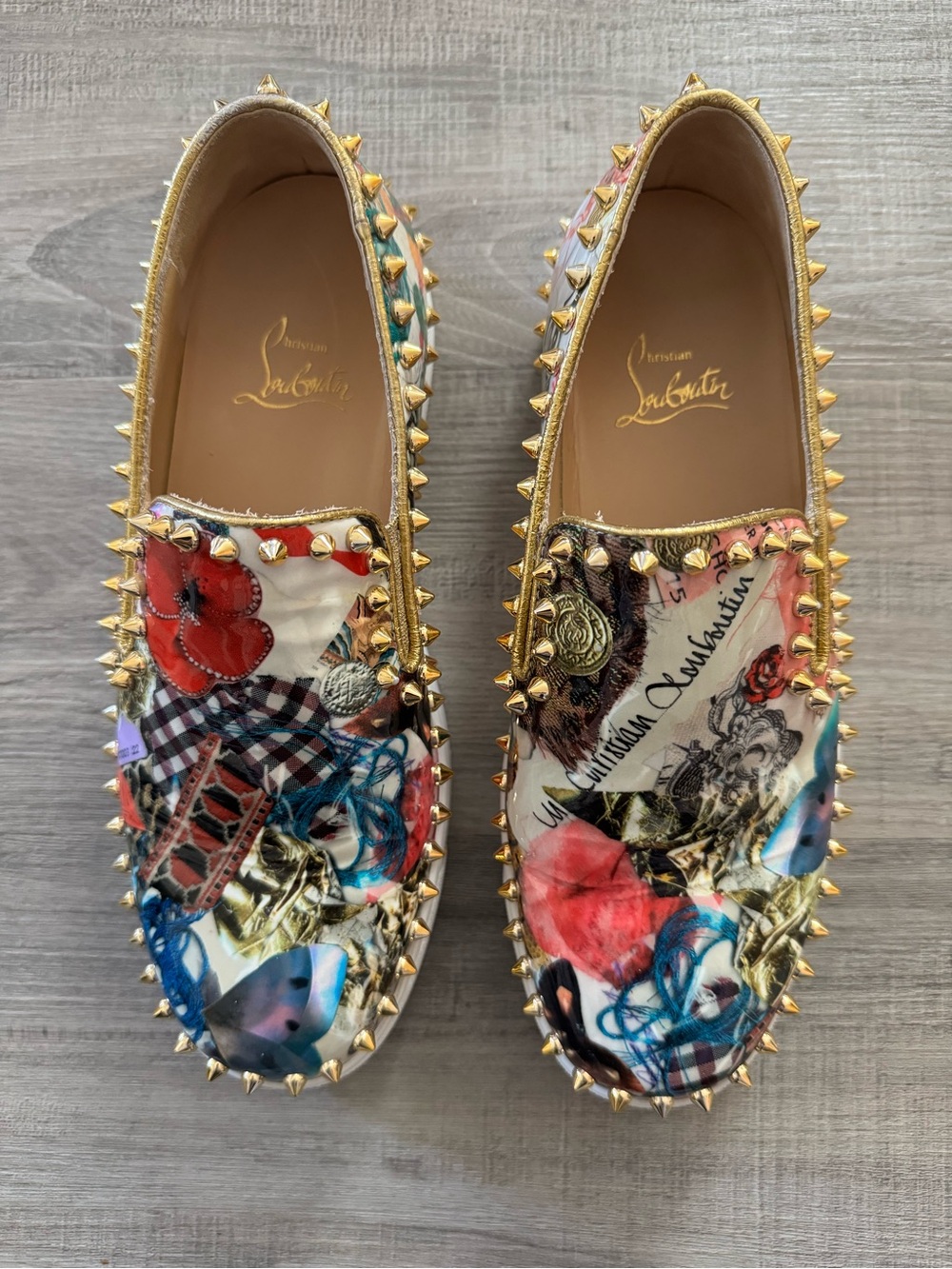 Christian Louboutin Pik Boat Collage Spikes Slip On Sneakers EU 38 Like New
